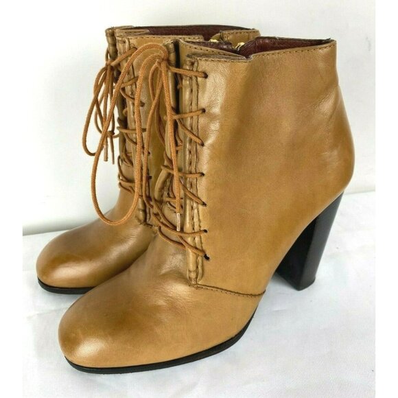 ELIZABETH AND JAMES Light Cognac Brown Leather Lace Up Side Zip Boots Heels Sz 8 - Picture 2 of 9